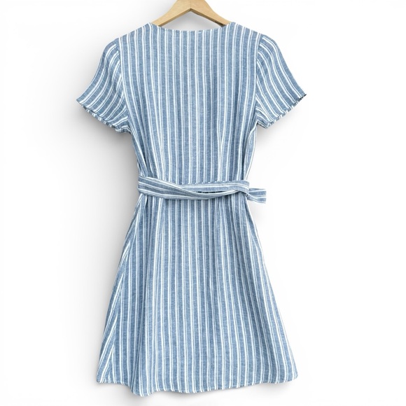 Marine Layer Frances Wrap Dress Blue Stripe White Linen Blend Tie Waist Womens M - Picture 5 of 13
